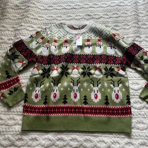 Festive Green Reindeer & Snowman Holiday Sweater - women